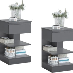 Sæt med 2 smalle sengeborde i grå - moderne natskabe med 1 skuffe og 2 hylder, 39 Ã 39 Ã 65 cm